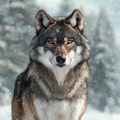 Watercolor illustration of a wolf in winter, with detailed and artistic graphic elements