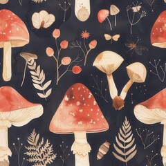 Seamless watercolor mushroom pattern with amanita, Botanical forest design on dark background. Fabric, wallpaper print texture.