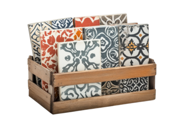 Colorful decorative tiles displayed in a charming wooden crate, perfect for home decor inspiration isolated on transparent background