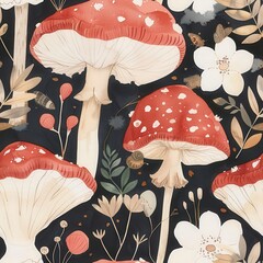 Seamless watercolor mushroom pattern with amanita, Botanical forest design on dark background. Fabric, wallpaper print texture.
