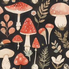 Seamless watercolor mushroom pattern with amanita, Botanical forest design on dark background. Fabric, wallpaper print texture.