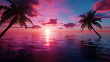 A tranquil sunset over a calm sea, with silhouetted palm trees standing in the water