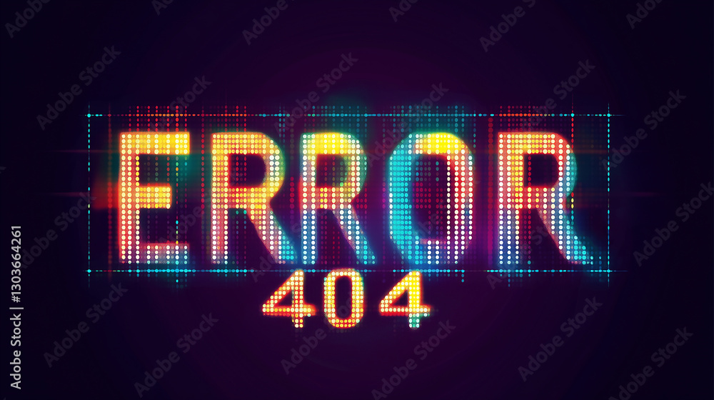 Poster Error 404 message displaying on digital screen with colorful pixels