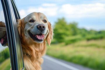 Golden retriever dog head out of car window, enjoying the breeze