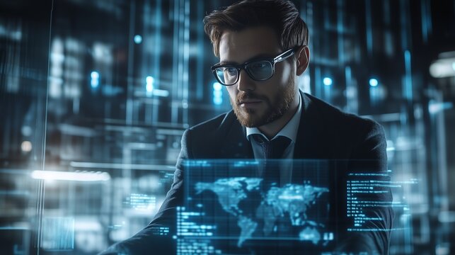 Data Analyst working with maps on a digital interface in modern workplace.