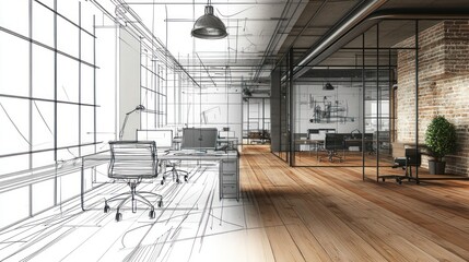Office design sketch rendering, interior design blueprint, modern workspace, concept