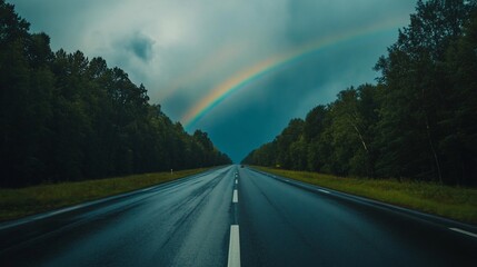 A serene road scene featuring a rainbow arching over a wet, reflective highway.