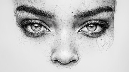 Fototapeta premium Close-up grayscale pencil sketch of a woman's eyes and nose, intricate detailing.