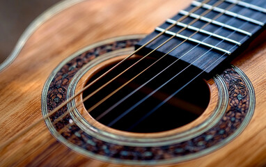 Obraz premium Guitar with a wooden body and a carved design on the headstock