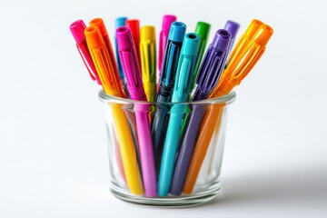A vibrant collection of colorful pens displayed in a glass jar on a simple white background isolated on transparent background