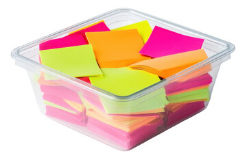 Colorful assortment of sticky notes in a clear container on a bright background isolated on transparent background