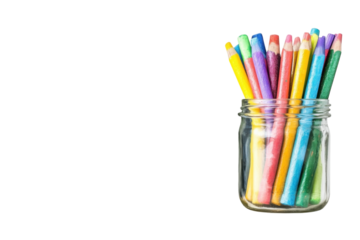 Colorful chalk pieces in a jar beside a blank chalkboard in an educational setting isolated on transparent background