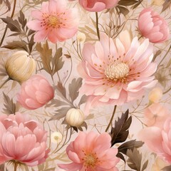 Seamless floral pattern with hand-painted watercolor peonies in soft pink and peach tones on a dark background. Fabric, wallpaper print texture.