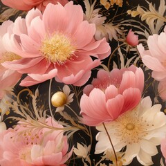 Seamless floral pattern with hand-painted watercolor peonies in soft pink and peach tones on a dark background. Fabric, wallpaper print texture.