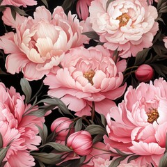 Seamless floral pattern with hand-painted watercolor peonies in soft pink and peach tones on a dark background. Fabric, wallpaper print texture.