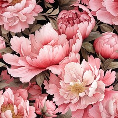 Seamless floral pattern with hand-painted watercolor peonies in soft pink and peach tones on a dark background. Fabric, wallpaper print texture.