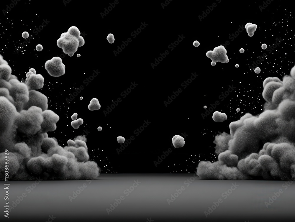 Poster dark atmospheric background with floating clouds and particles creating depth