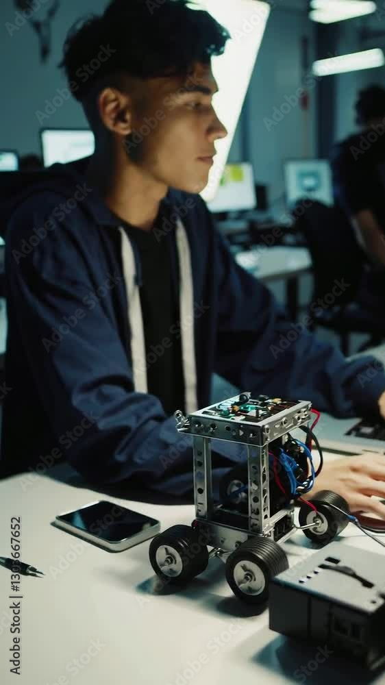 Poster technological innovation: young engineer programing a robotic car in modern workspace