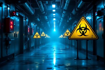 Warning signs bearing stark biohazard symbols lined in pathway in a blue dimly lit industrial corridor, including red emergency equipment on the wall
