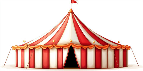 Large red and white circus tent with open entrance and flag on top