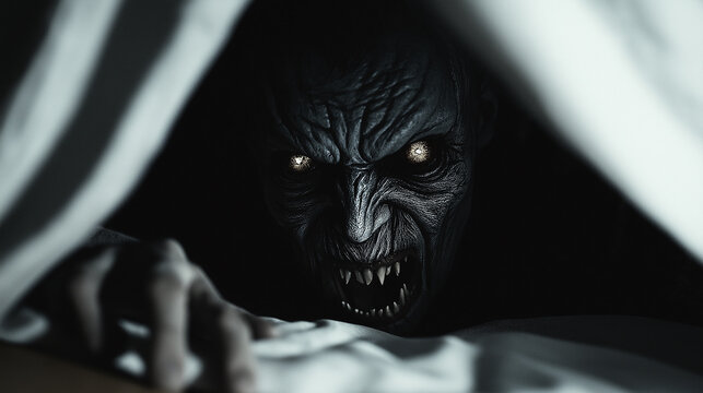 Scary monster hiding under bed lurking in darkness