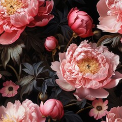 Seamless floral pattern with hand-painted watercolor peonies in soft pink and peach tones on a dark background. Fabric, wallpaper print texture.
