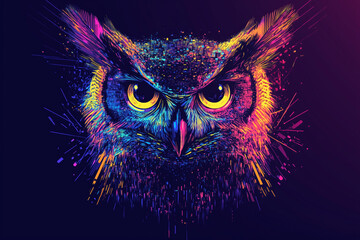 Obraz premium NFT-inspired owl with pixelated feathers and neon highlights isolated on a solid color background