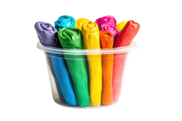 Vividly colored modeling clay arranged neatly in a clear container for creative craft projects isolated on transparent background