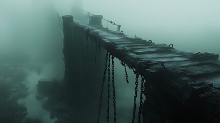 Foggy pier, chains, ruins, water, mystery, game, background, concept art