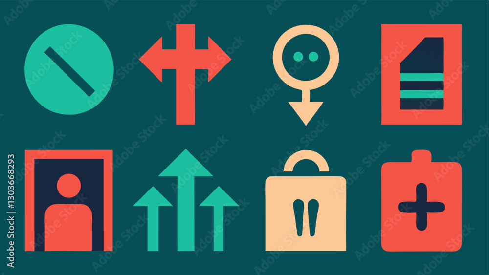Poster symbolic icons for directions a collection of universally recognizable icons e.g. restrooms exits el