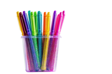 Colorful glitter gel pens arranged in a transparent cup against a light background isolated on transparent background