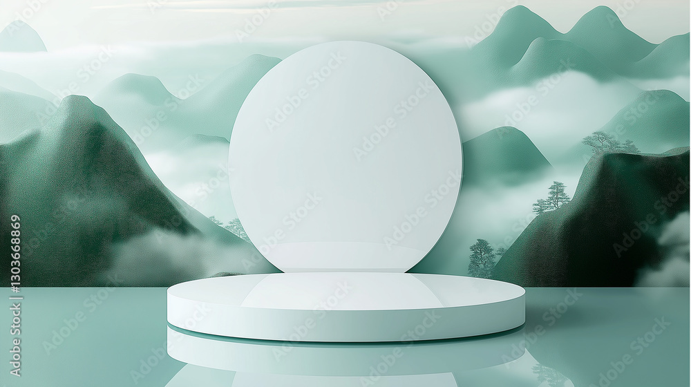 Poster Empty podium displaying products with misty mountain background