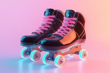 Neon-laced retro roller skates isolated on a white background