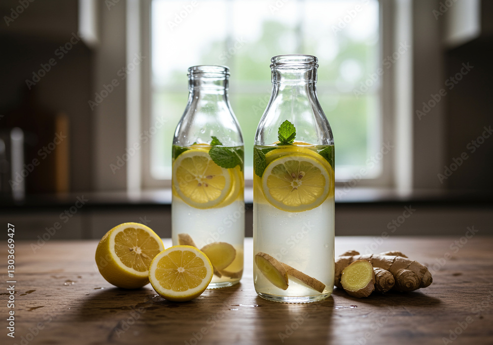 Poster bottles of lemonade with lemon and ginger on wooden table. refreshing lemonade with lemon slices and