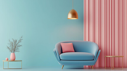 Modern living room interior with blue sofa and pink wall