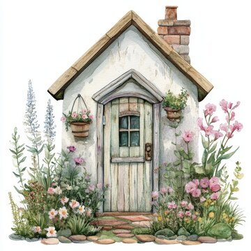 Watercolor-style digital design illustration depicting a cute cottage adorned with flowers, offered as clipart
