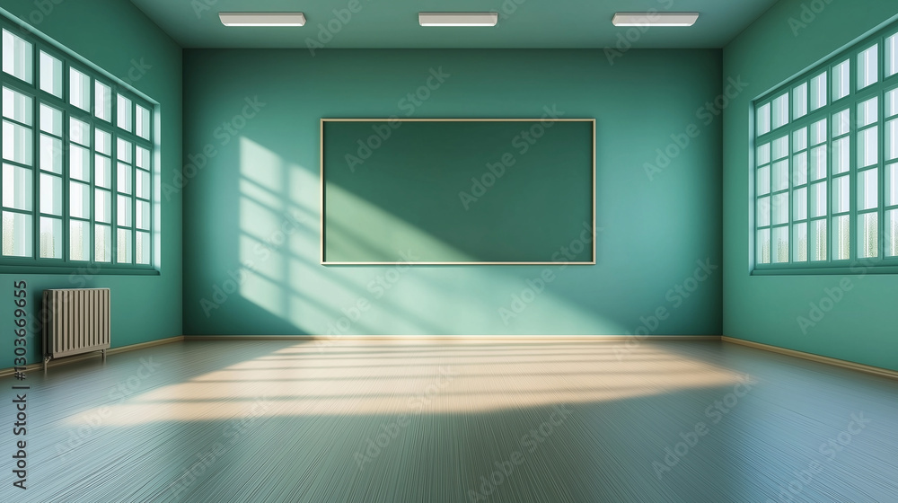 Poster empty classroom with chalkboard and sunlight illuminating through windows