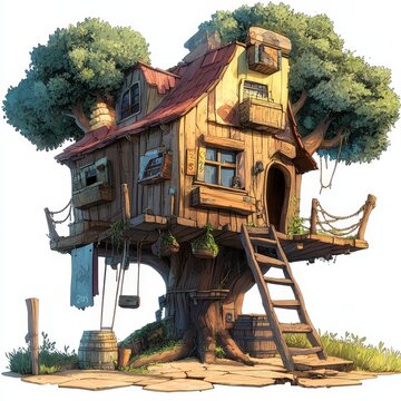 whimsical treehouse wooden structure nature setting clip art preview