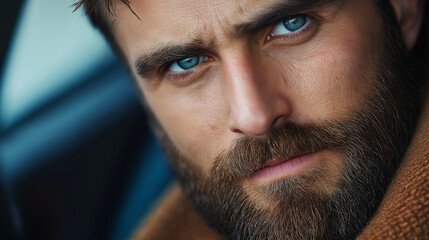 Obraz premium Portrait of confident bearded man showing facial expression with intense blue eyes