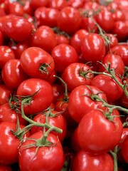 Fresh red tomatoes on a twig in containers put up for sale at a supermarket vegetable stand, demonstrates organic, vegetarian and healthy food. Close-up