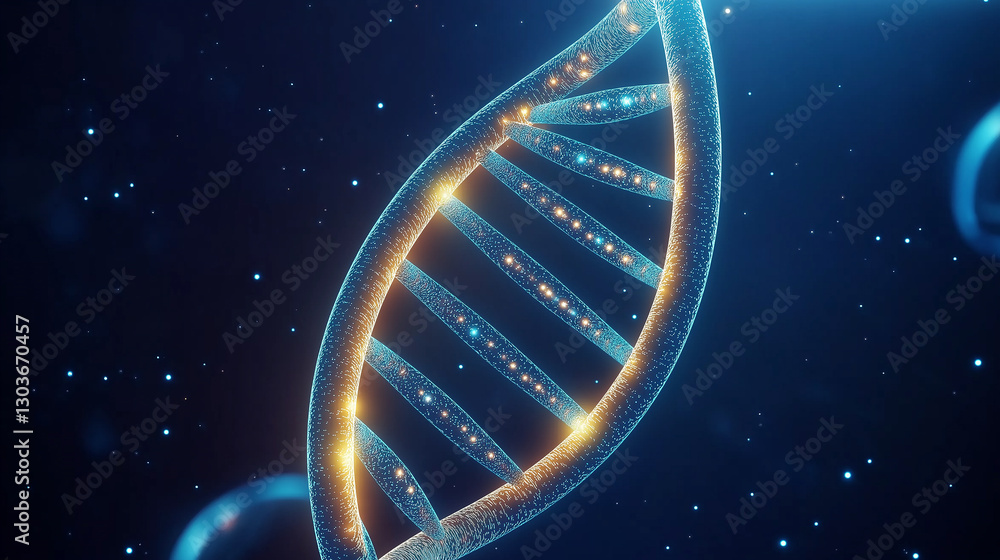 Poster futuristic glowing dna double helix rotating in a microscopic environment