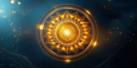 Golden flower mandala shining on a dark blue background