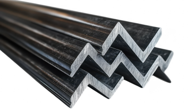 Close-up of steel angles stacked for construction or manufacturing purposes. transparent background 
