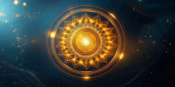 Golden flower mandala shining on a dark blue background