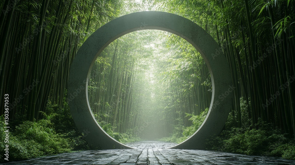 Poster an open circular structure frames a bamboo forest path