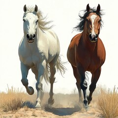 Fototapeta premium AI-Generated Artistic Illustration of wild horses presented as a watercolor clipart with detailed features