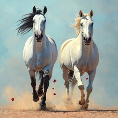 Obraz premium A watercolor illustration of wild horses grazing in a meadow, presented as a digital clipart