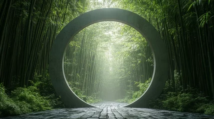 Fototapete Rund An open circular structure frames a bamboo forest path © addymawy