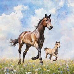 Stock watercolor illustration of wild horses in a meadow setting, with intricate details and artistic flair