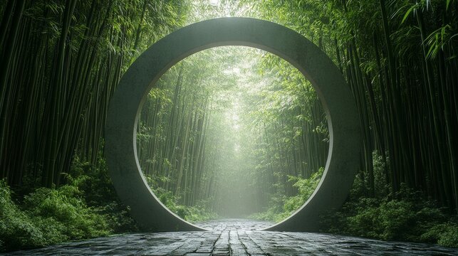 An open circular structure frames a bamboo forest path - Powered by Adobe